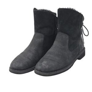 UGG Boots Womens Size 8.5 Black Suede Shearling Lined Tie Back Ankle 1019164